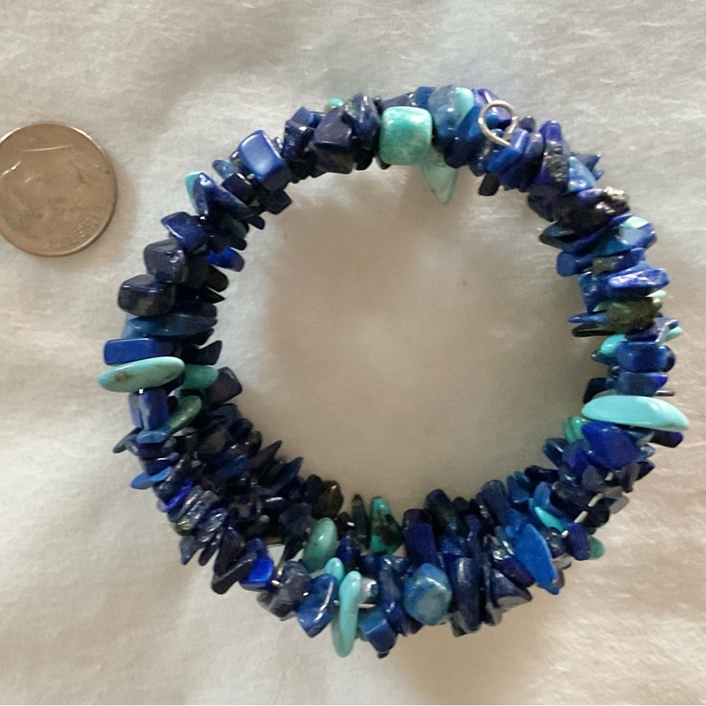 Natural Blue Lapis and Navajo Turquoise chip 4 Strand Memory Wire Bracelet.